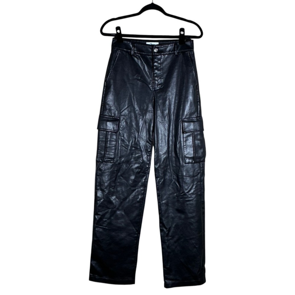 Edit by Nine Faux Leather Cargo Straight Leg Pants Black Edgy Streetwear Size S